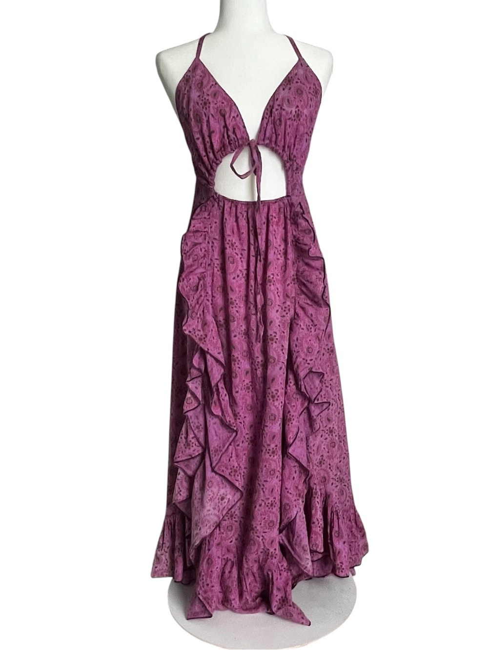 Gypsy Rose plum purple Cutout Ruffle open back Maxi Dress Romantic boho Sz OS